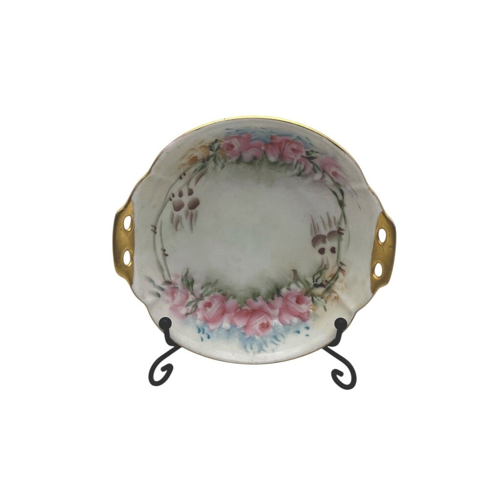 Antique Hand Painted Japan 5” Porcelain Dish Pink Roses Gold Trim Handles